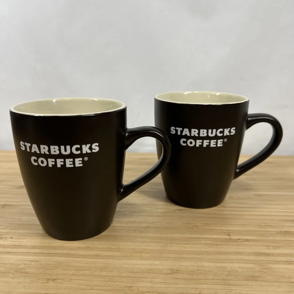 Starbucks Coffee 2008 Brown Ceramic Mugs 12 oz Set of 2 Logo Coffee Cups